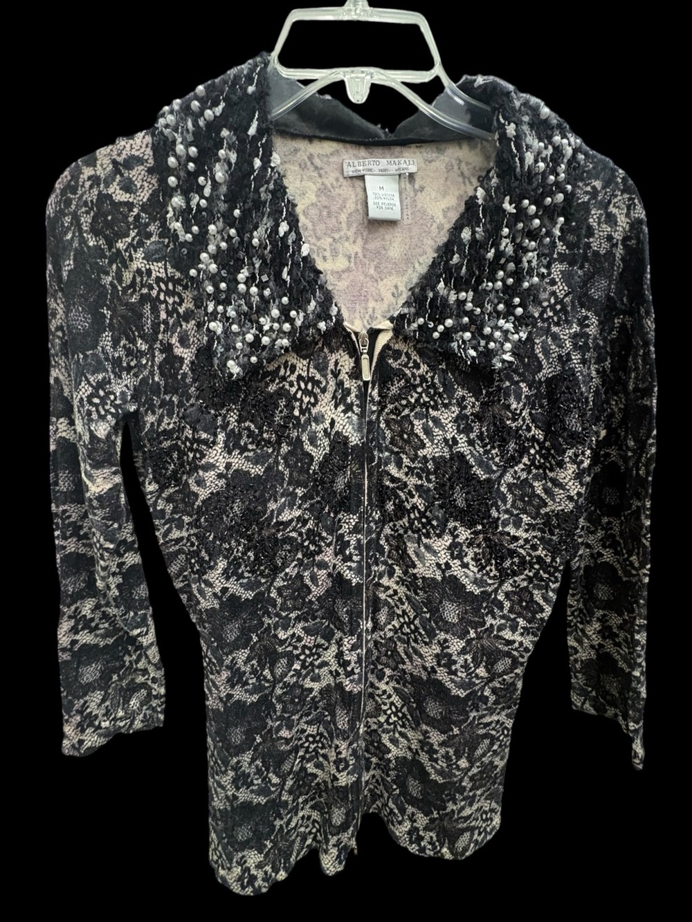 Alberto Makali Lace Print Pearl Beaded Zip Jacket Black Beige Size M